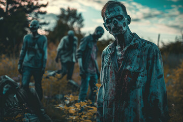 Fototapeta premium Scary sinister zombie wandering in street with dramatic lighting on Halloween, abstract vivid composition consists of fictional unreal fantastic vision on background