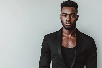 Obraz premium Stylish African American male model in elegant black suit posing confidently against soft gray backdrop with ample empty space for creative text usage