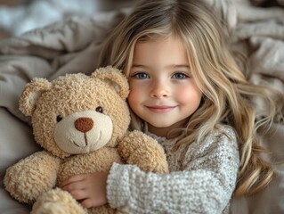 Adorable young girl with long blonde hair cuddling a soft beige teddy bear while lying on a cozy neutral-toned bed, evoking feelings of childhood innocence and warmth.