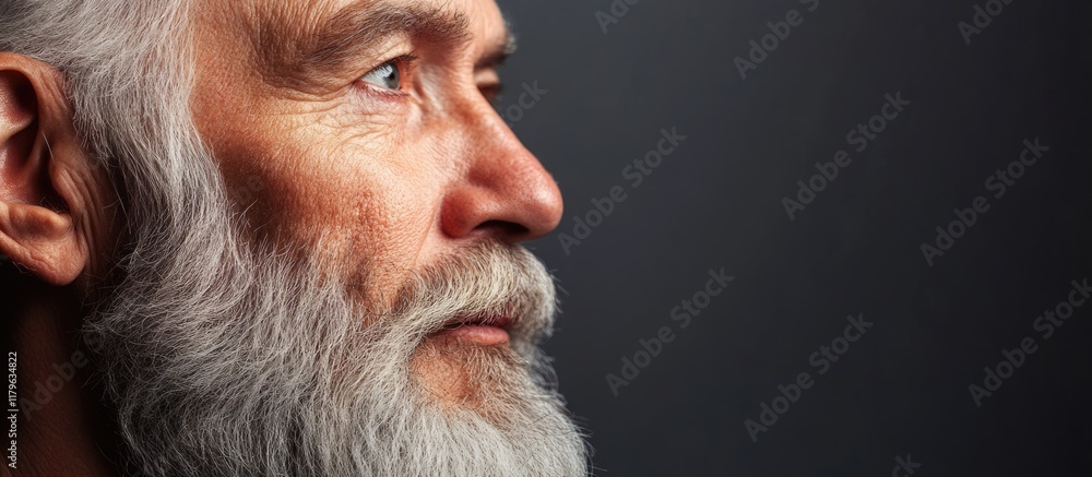 Poster elderly man with a well-groomed beard against a dark gray background featuring substantial empty spa