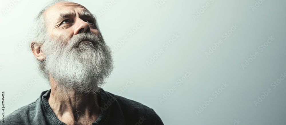 Aufkleber thoughtful elderly man with a long white beard gazing upward against a soft gray background with amp