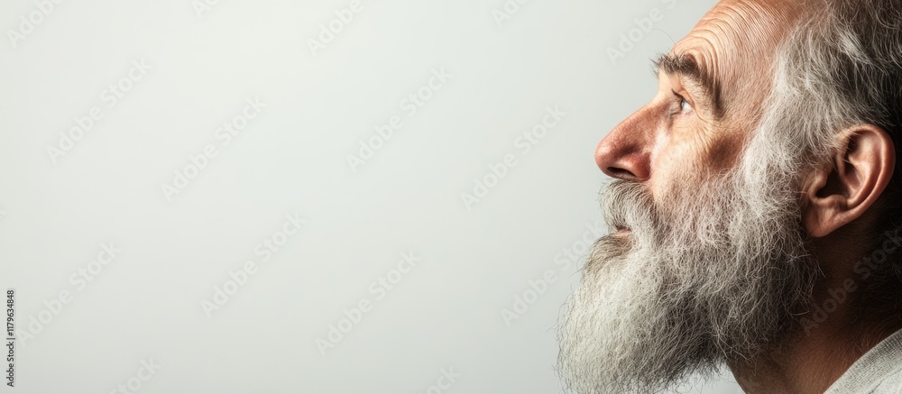 Poster Profile of an elderly man with a long gray beard, facing left against a soft gray background, featuring ample copyspace for text or design elements.