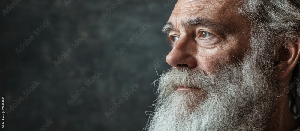 Aufkleber portrait of elderly man with long white beard and contemplative expression against dark textured bac