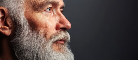 Obraz premium Elderly man with a well-groomed beard against a dark gray background featuring substantial empty space for text and artistic visual design.