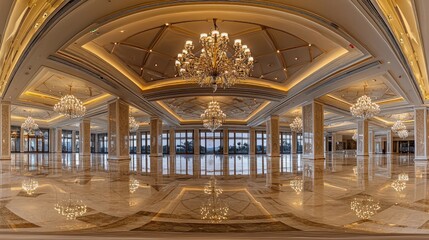 Obraz premium Luxurious hotel ballroom, grand chandeliers, marble floor, scenic view. Use Event venue promotion.