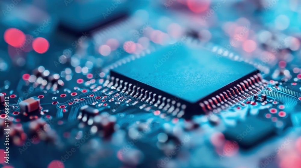 Poster a close-up of a microchip on a circuit board, featuring intricate details and vibrant lighting, show