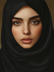 Closeup portrait of a Muslim girl with striking brown eyes wearing a black hijab, featuring large empty copyspace for text, warm brown background.