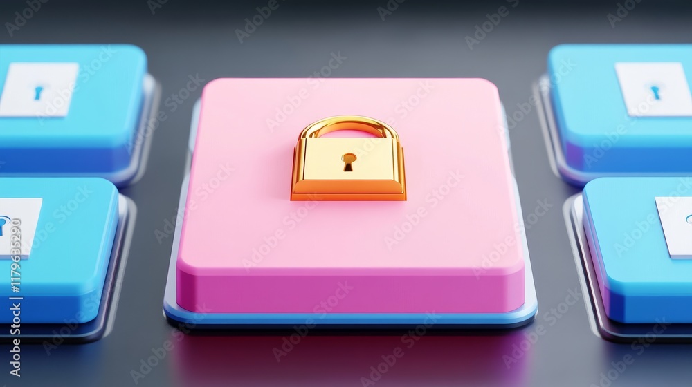 Aufkleber a golden padlock rests on a pink button, surrounded by blue buttons, symbolizing security and access