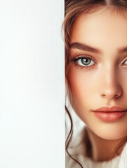 Obraz premium Close-up portrait of an attractive young woman with long brown hair and captivating blue eyes against a clean white background with ample copyspace.