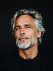 Obraz premium Mature man with silver hair and beard against a dark backdrop showcasing warm skin tones and facial expression, ideal for text overlay and branding.
