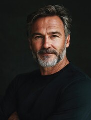 Fototapeta premium Mature man with salt and pepper beard wearing a black shirt against a dark background, ideal for copyspace and portrait-oriented content.