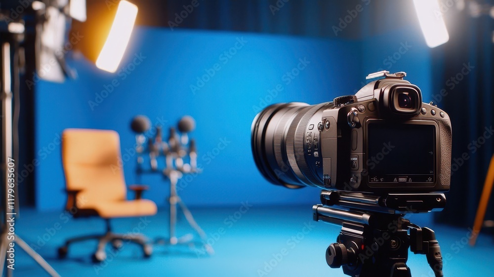 Poster a camera focuses on a brightly lit studio setup with an empty chair and microphones against a blue b