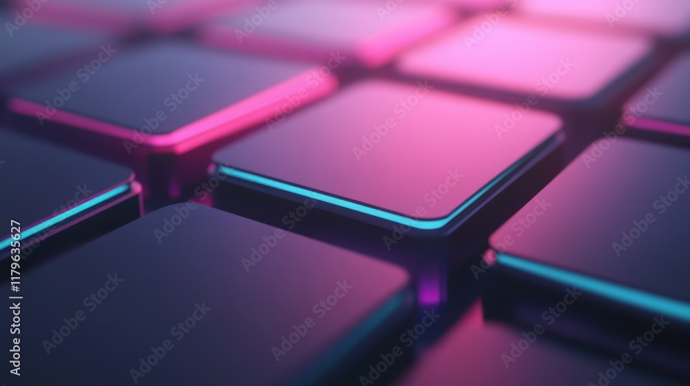Poster a close-up view of glossy, illuminated keyboard keys featuring vibrant blue and pink colors, creatin