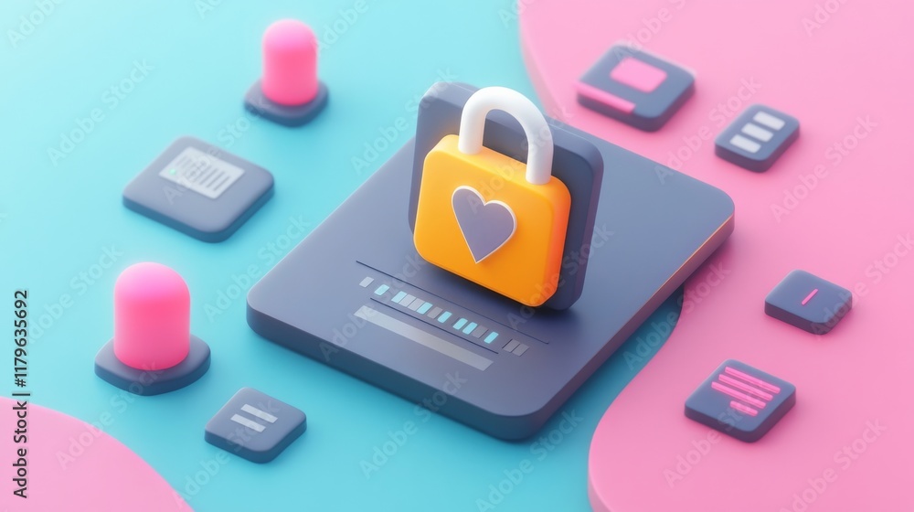 Poster a stylized padlock with a heart symbol sits on a surface surrounded by colorful buttons, representin