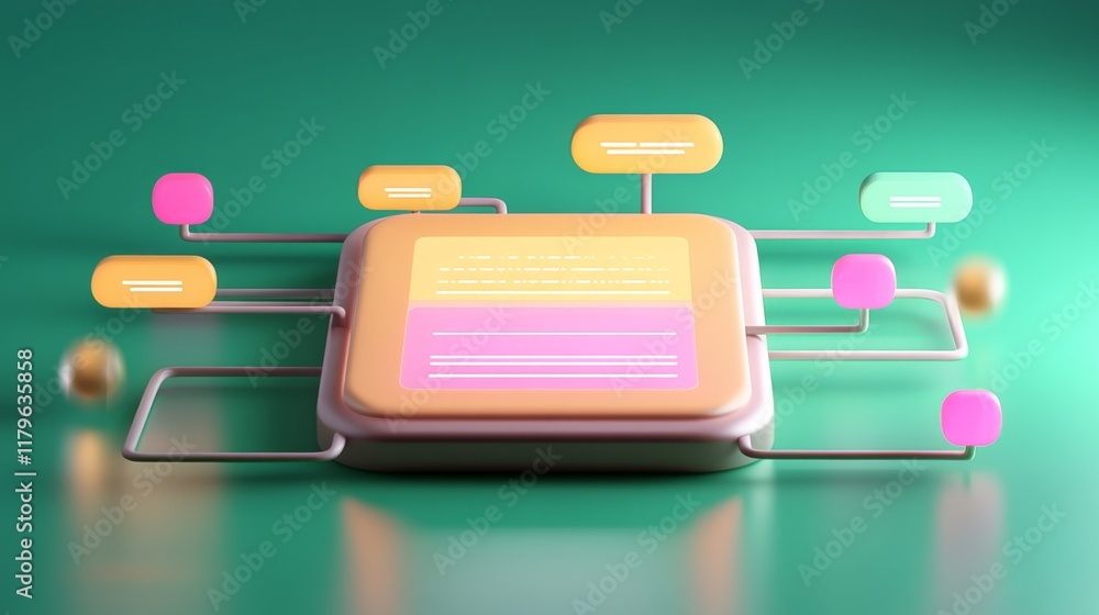 Poster a colorful, modern graphic featuring a central box with text and floating labels, set against a gree