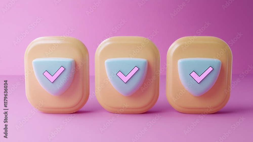 Aufkleber three pastel-colored buttons with check marks are aligned against a pink background, creating a play