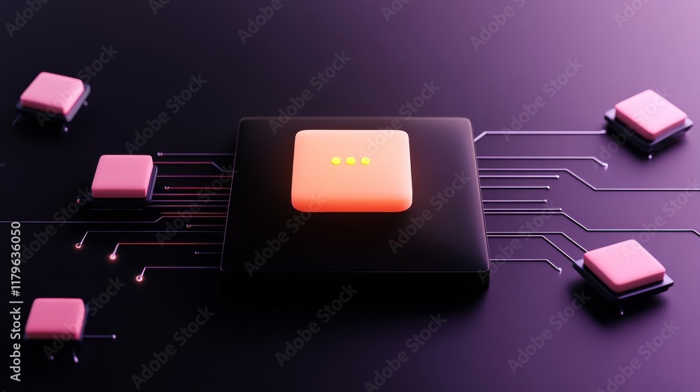 Poster a modern microchip surrounded by smaller components, showcasing a sleek design with vibrant colors a