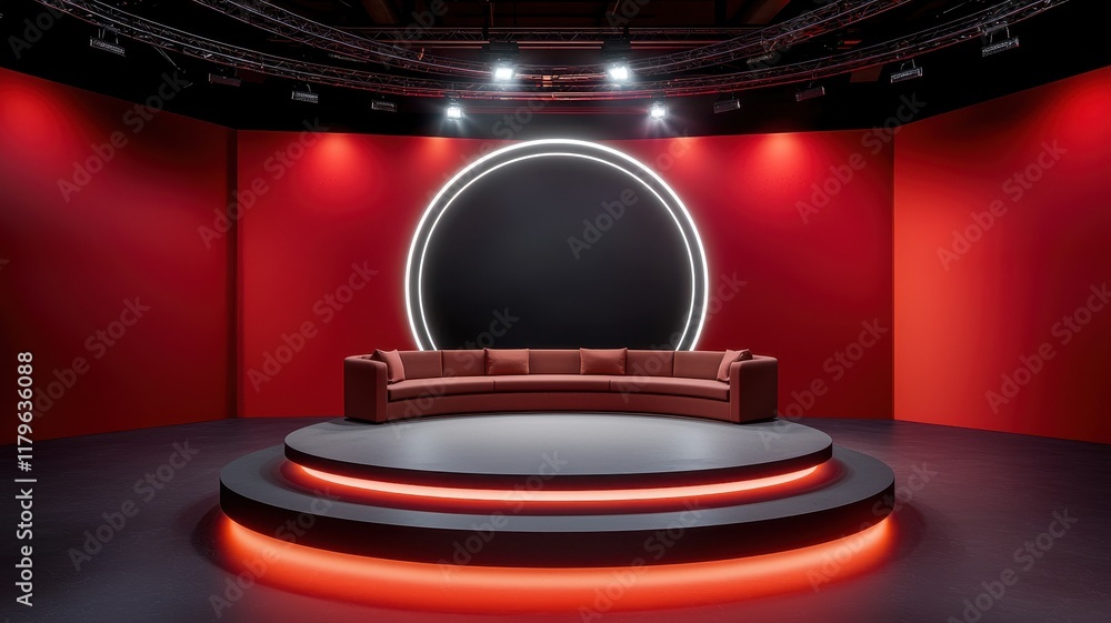 Poster modern studio set with a circular backdrop and illuminated red accents, featuring a cozy sofa arrang
