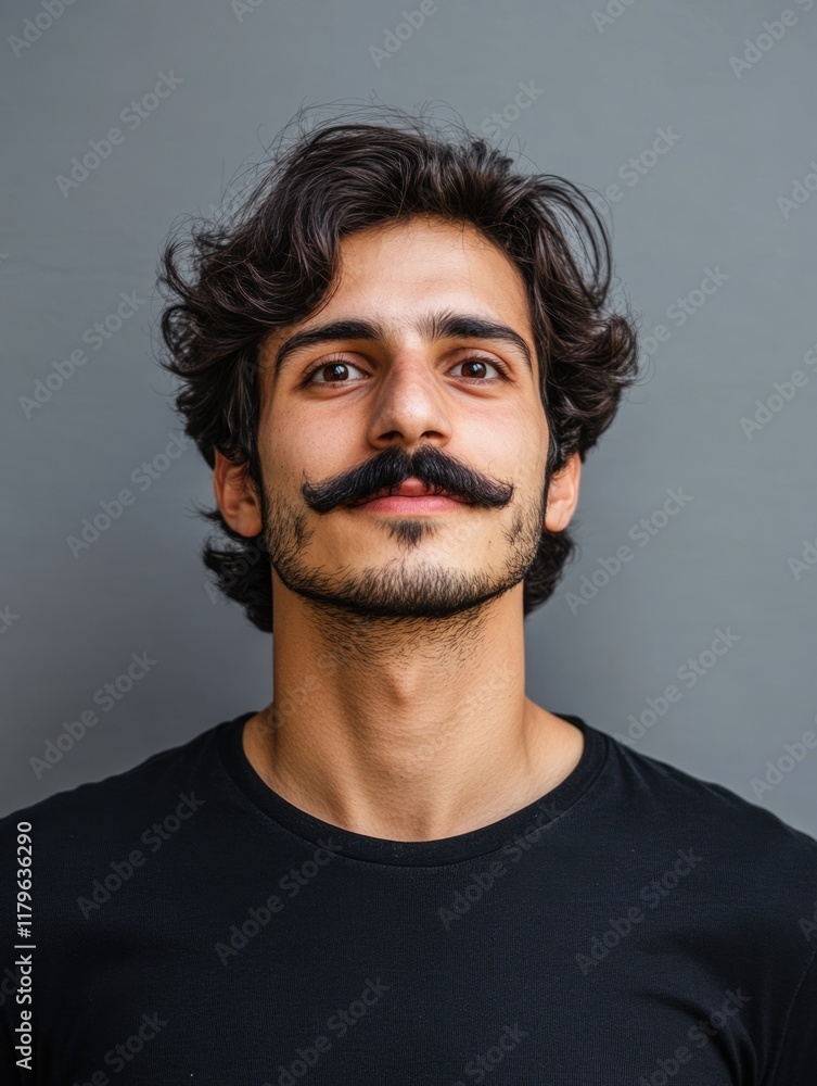Poster handsome young iranian man with a stylish mustache posing against a neutral gray backdrop creating a
