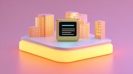 A modern, digital cityscape with glowing buildings and a central device displaying information, set against a vibrant, colorful background.