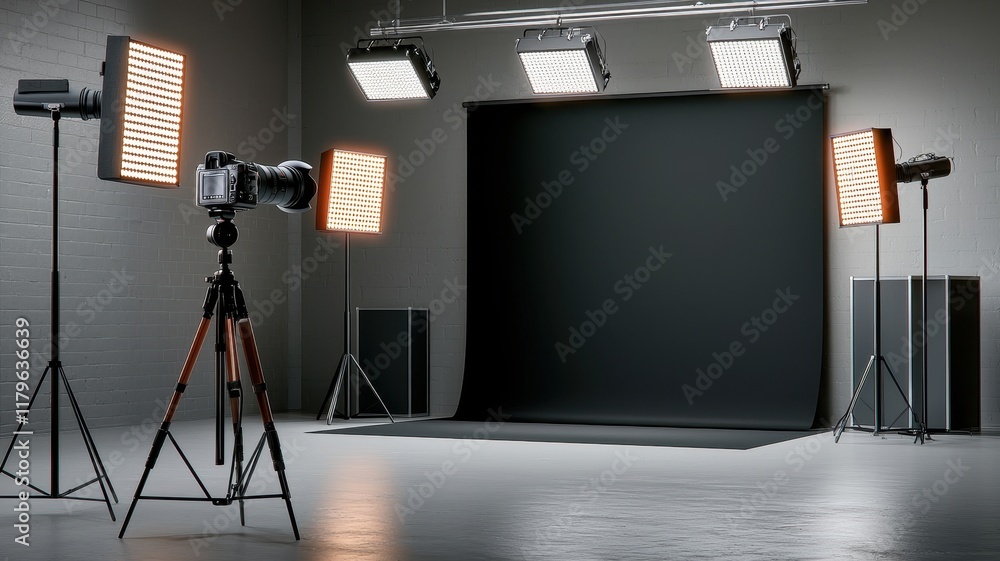 Poster professional photography studio setup with lights and camera on display.