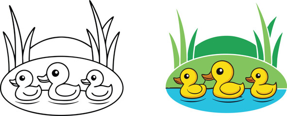 Adorable Cartoon Ducklings Swimming Pond Coloring Page Illustration