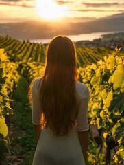 Naklejka premium Young woman with long brown hair standing in lush green vineyards during sunset in Lavaux, Switzerland, with expansive sky for text placement.
