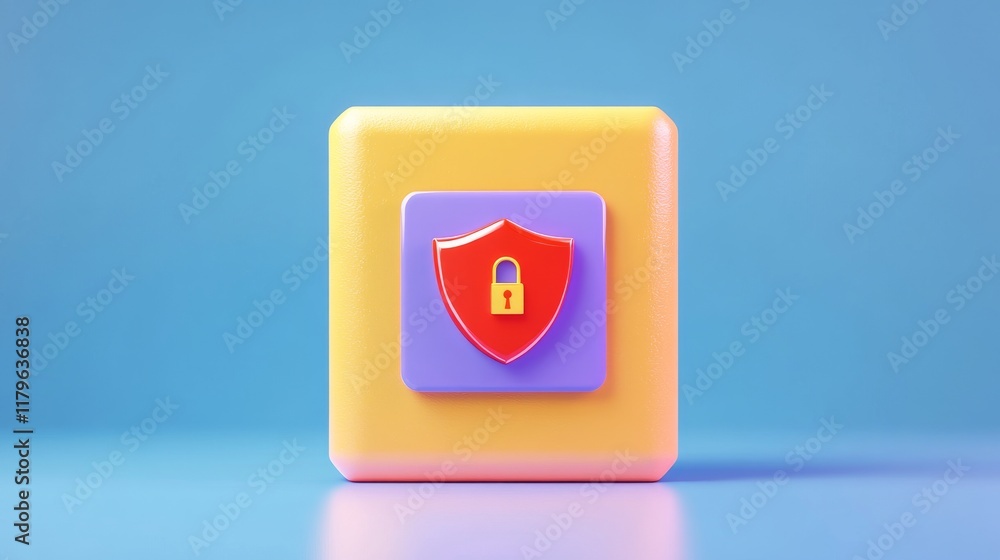 Poster a colorful button featuring a shield with a lock symbol, representing security and protection on a b