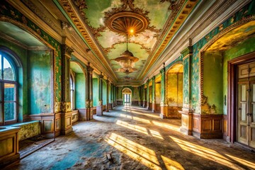 Fototapeta premium Grand Swiss Hotel Interior, Luxurious Abandoned Hallway, Decaying Elegance, Vintage Architecture, Montreux Palace Style