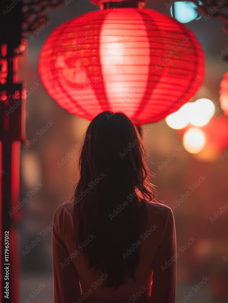 Poster girl admiring vibrant red lanterns in an outdoor setting during twilight creating a warm atmospheric