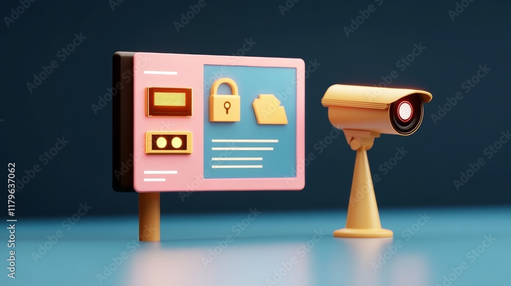 Aufkleber a colorful illustration featuring a security camera and a digital display with a lock icon, emphasiz