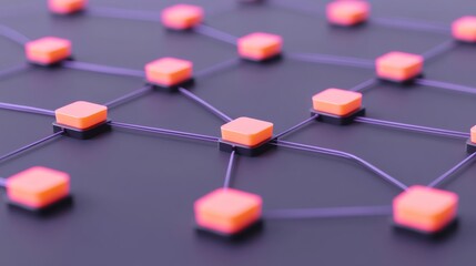 A close-up view of interconnected nodes with a modern design, showcasing a network of hexagonal shapes linked by vibrant lines.