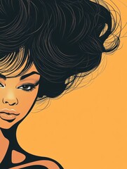 Fashionable young woman with voluminous curly hair on vibrant yellow background, perfect for creative text placement and advertisements.