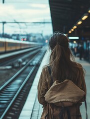 girl standing alone on platform at railway station waiting for train with long brown hair and backpack under overcast sky