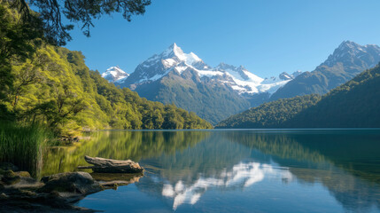 Fototapeta premium Serene Alpine Lake with Mountain Reflections and Clear Blue Sky