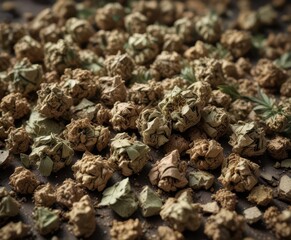Crumbled cannabis buds, textured surface, vintage aesthetic ,  bud,  close-up,  texture