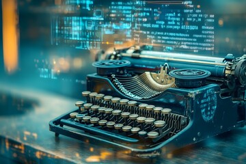  A vintage typewriter combined with futuristic holographic digital interfaces, blending classic design with modern technology in a creative and visually stunning concept.