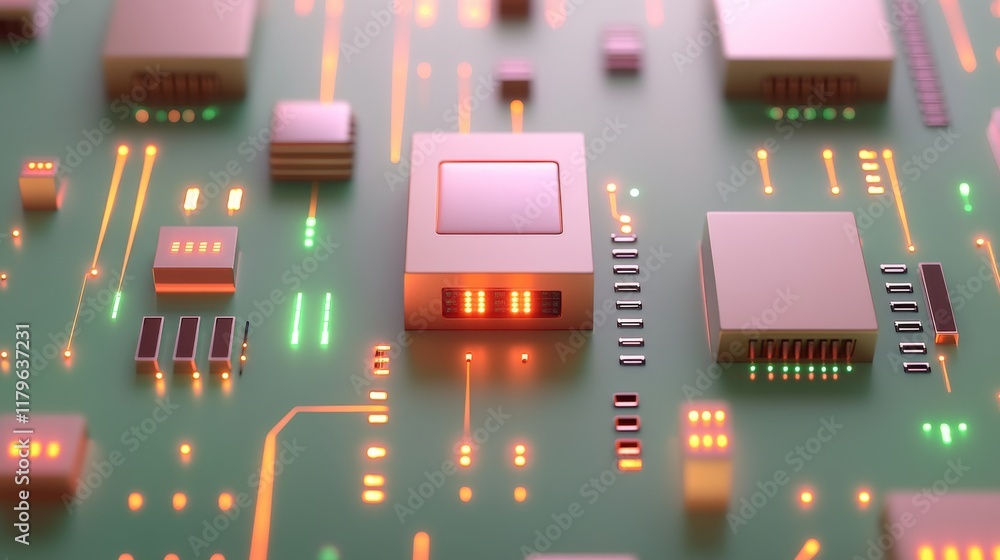 Poster a close-up view of a circuit board featuring microchips and glowing indicators, highlighting modern 