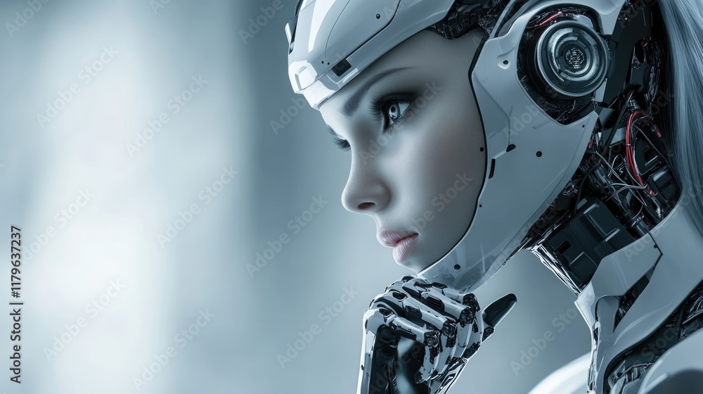 Aufkleber young female robotics engineer in high-tech laboratory analyzing robotic machine concept with futuri