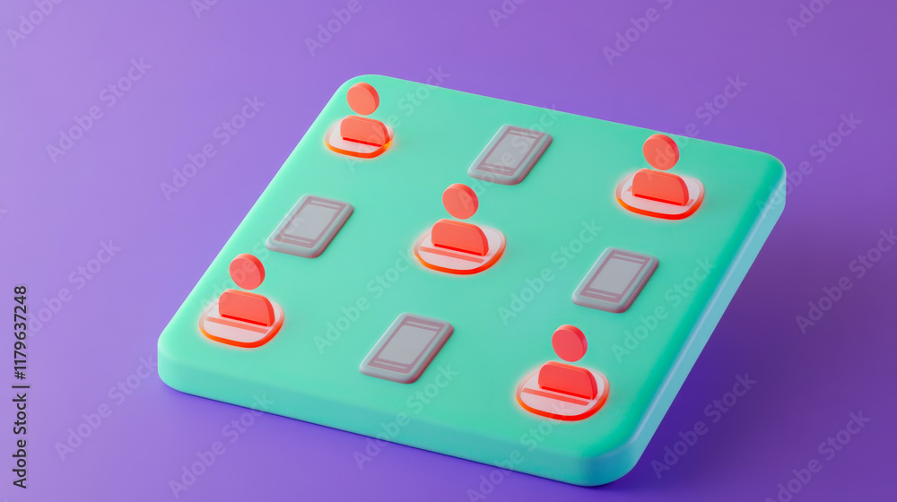 Poster a colorful game board featuring icons representing users and devices, set against a vibrant purple b
