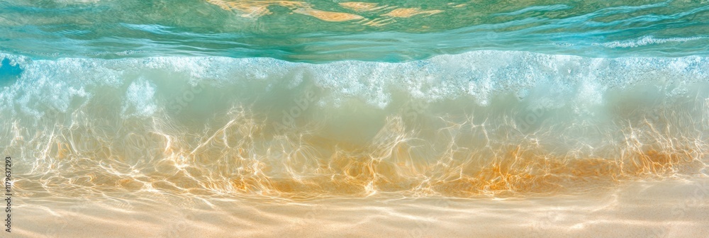 Poster Underwater views capturing a breaking wave, creating stunning light patterns dancing on golden sand, with vibrant turquoise water shimmering above in a serene coastal paradise