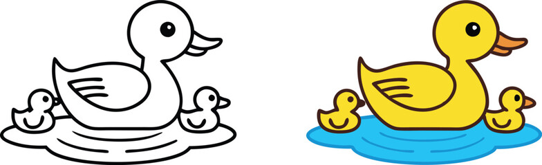 Cute Mother Duck and Ducklings Coloring Page Illustration