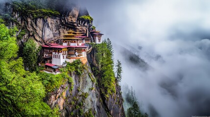 Mountaintop monastery, Bhutan, misty landscape, serene scene, travel photography.
