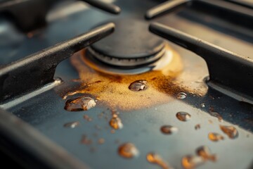Grimy Stovetop with Greasy Marks and Burnt Spots - Detailed Close-Up of Dirty Metal Surface