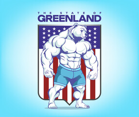 Vector fictional coat of arms or emblem. Powerful muscular strong bodybuilder polar white bear in shorts. Shield with US flag. Inscription, State of Greenland. Cartoon strongman bear.