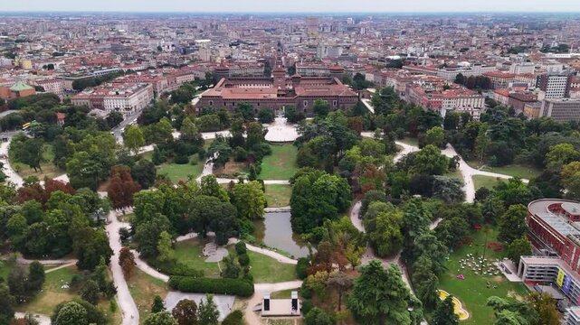 Aerial view of Simplon Park (Parco Sempione) and Sforza Castle in Milan, Italy