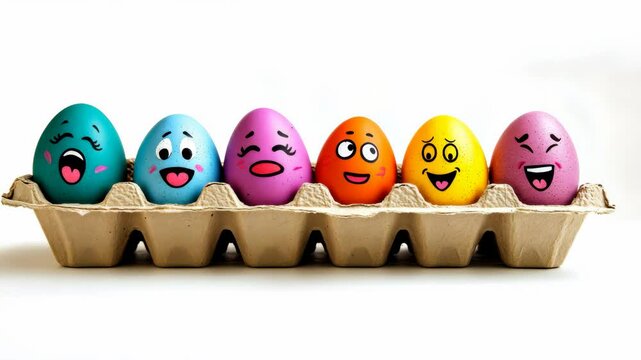 Colorful and happy easter eggs display with fun faces lined up in a carton
