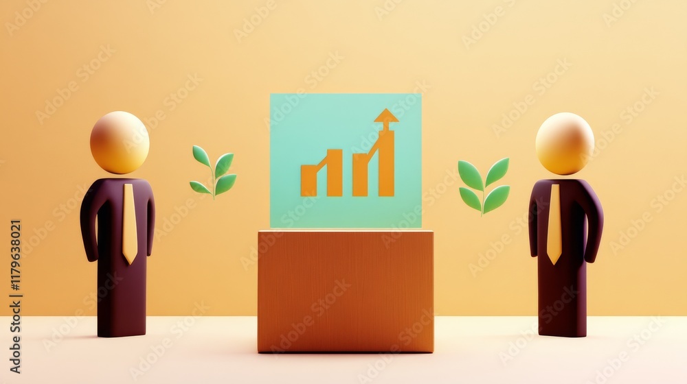 Aufkleber two stylized figures stand beside a display with upward growth graphs, symbolizing business success 