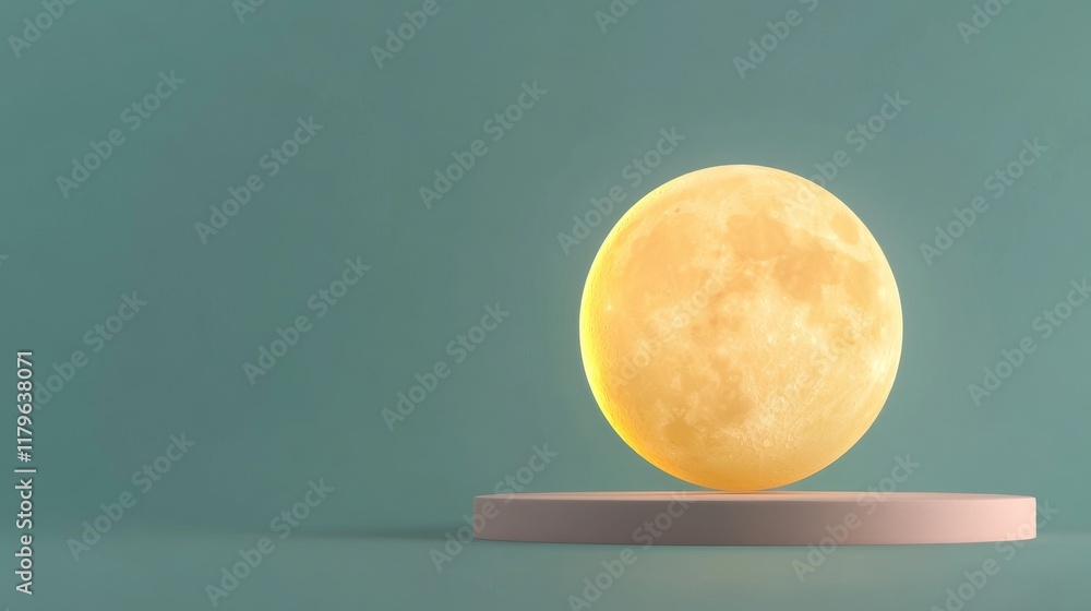 Poster a glowing moon orb placed on a light pedestal against a soft green background, creating a serene and