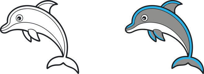 Cartoon Dolphin Coloring Page Two Dolphins, Line Art, Gray, White